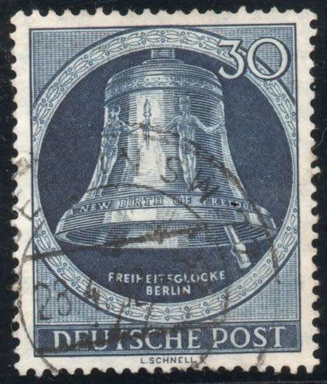 Germany West Berlin 1951 Freedom Bell 30pf Clapper at right very fine used. SG B85. Cat £60 (2013)