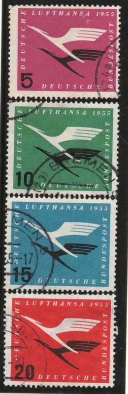 Germany 1955 Re-establishment of `Lufthansa` Airways set of 4 vfu. SG 1131-1134. Cat £20 (2013)