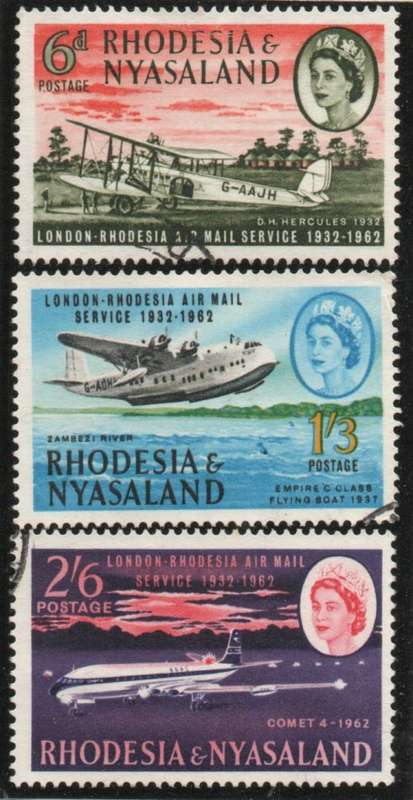Rhodesia & Nyasaland 1962 30th Anniv London-Rhodesia Airmail Service. SACC 41-43. Cat R115 (2023-25)