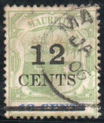 Mauritius 1902 surch 12c on 18c green and ultramarine fine used. SG 156. Cat £13 (2022)