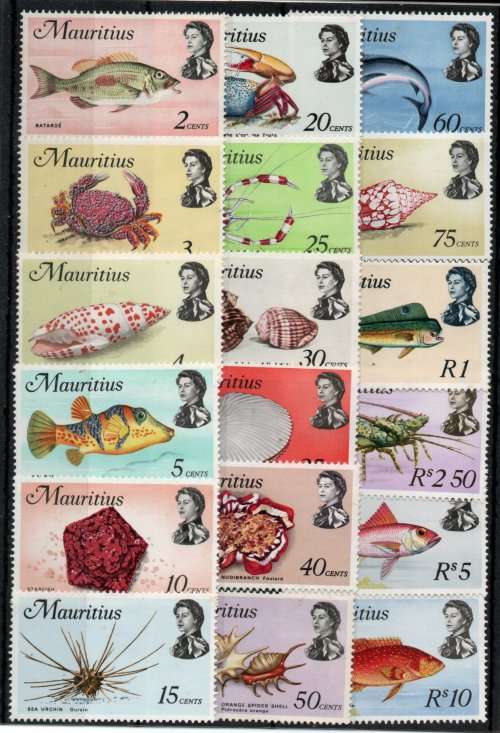 Mauritius 1969 Marine Life Definitive set of 18 lightly mounted mint. SG 382-399w. Cat £27 (2022)