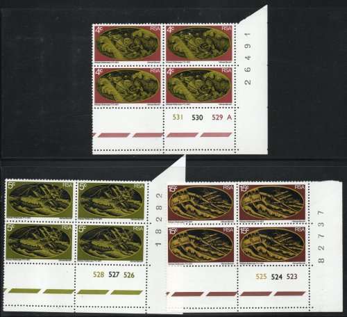 South Africa 1973 Wolraad Woltemade set of 3 in contr blocks of 4 umm SACC 344-6. Cat R234 (2023-25)