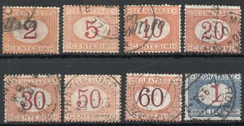 Italy 1870 Postage Due part set of 8 fine - very fine used. SG D23, 24-27, 29, 30, 33. Cat £41,35.