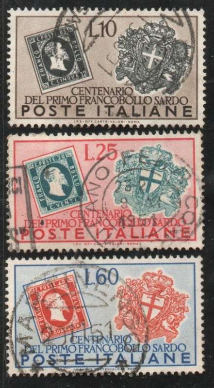 Italy 1951 Sardinian Postage Stamp Centenary set of 3 very fine used. SG 798-800. Cat £27 (2013)