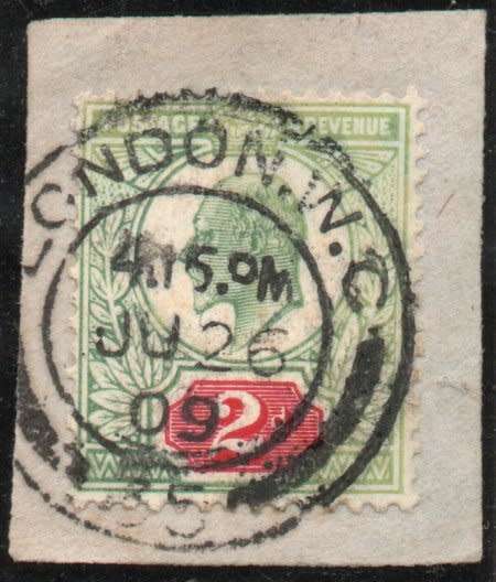 Great Britain 1902 KEVII Definitive 2d green and red on piece vfu. SG simpl 291. Cat £25 (2023-25)