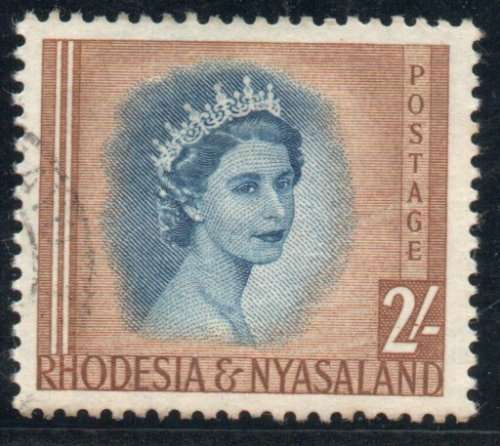 Rhodesia & Nyasaland 1954-56 QEII Defin 2/- dark blue & yellow-brown used. SG 11. Cat £6,50 (2022)