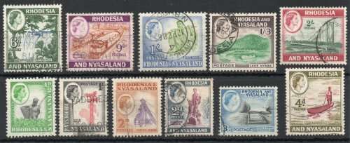 Rhodesia & Nyasaland 1959-1962 QEII Definitive ½d - 2/- vfu. SG 18-27. Cat £11,20 (2022)