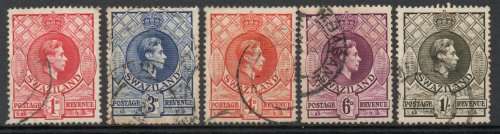 Swaziland 1938-54 Definitive part set of 5 perf 13½ x 13 very fine used. Cat R240 (2023-25)