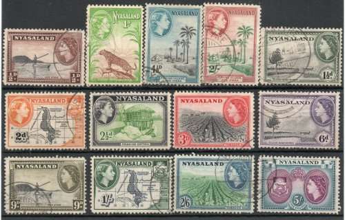 Nyasaland 1953-54 QEII Definitive short set of 13 very fine used. SG 173-185. Cat £41,75 (2022)