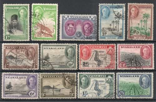 Nyasaland 1945 KGVI Definitive ½d - 5/- & 1947 1d very fine used. SG 144-155 & 160 Cat £31,35 (2022)