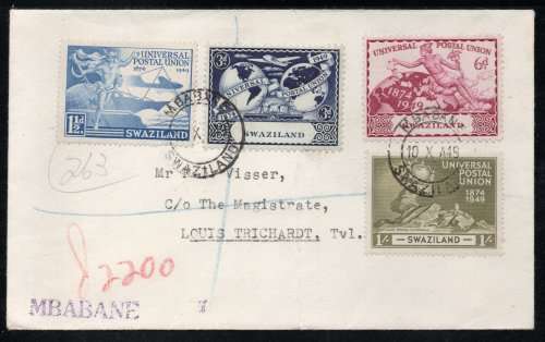 Swaziland 1949 UPU set of 4 on plain FDC. SACC 47-50. Stamps cat R215. (2023-25)
