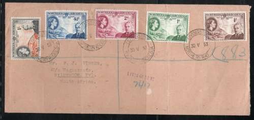 Northern Rhodesia 1953 Rhodes Cent set of 5 on plain FDC. SACC 54-58. Stamps cat R190. (2023-25)