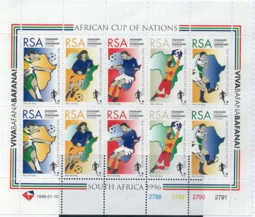 South Africa 1996 African Cup of Nations sheet of 10 unmounted mint. SACC 933-37. Cat R240 (2023-25)