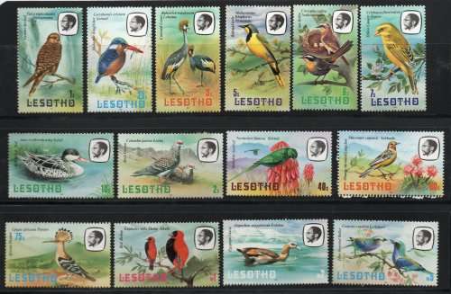Lesotho 1981 Bird Definitive set of 14 umm but 5 stamps with gum stains. SG 437-50. Cat £9,75 (2014)
