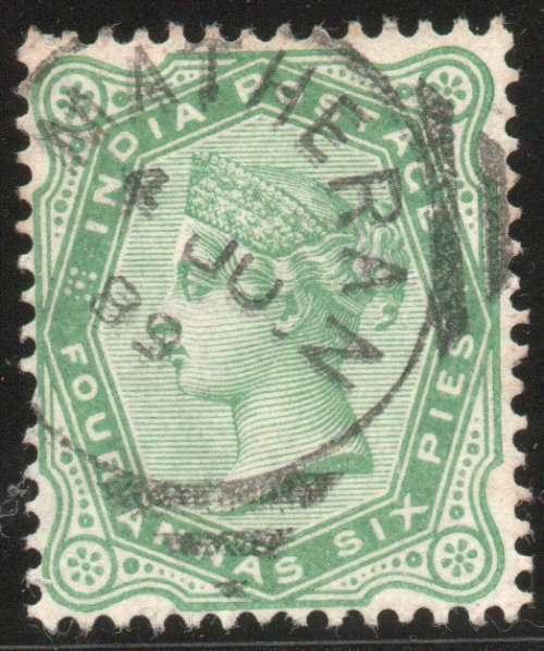 India 1882 QV Definitive 4a6p yellow-green very fine used. SG 97. Cat £9,50 (2022)