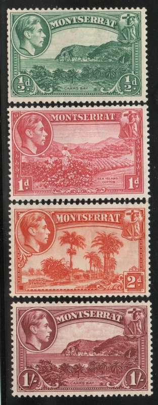 Montserrat 1938 KGVI Defin part set of 4 perf 13 mounted mint. SG 101,102,104,108. Cat £69 (2022)