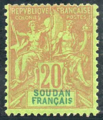 French Sudan 1894 20c red on green mounted mint. SG 9. Cat £24 (2013)