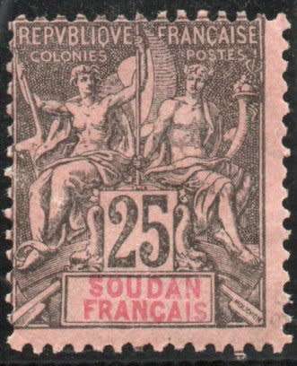 French Sudan 1894 25c black on pink mounted mint. SG 10. Cat £32 (2013)