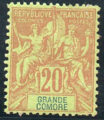 Great Comoro 1897 Definitive 20c red on green mounted mint. SG 7. Cat £15 (2013)