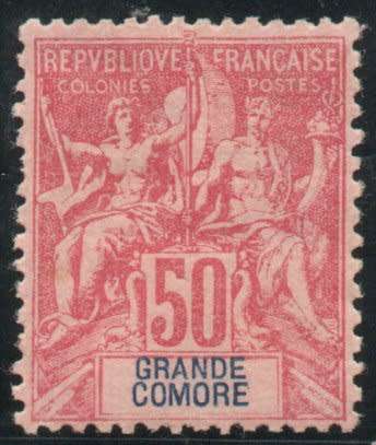 Great Comoro 1897 Definitive 50c red on pink mounted mint. SG 11. Cat £28 (2013)