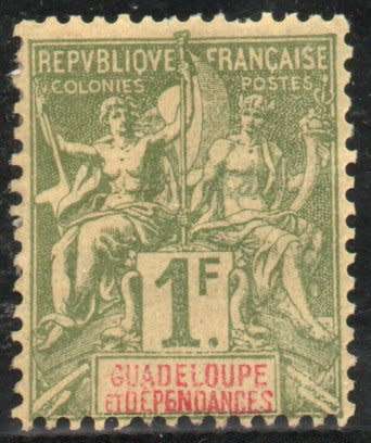 Guadeloupe 1892 Definitive 1F green heavy mounted mint. SG 47. Cat £28 (2013)