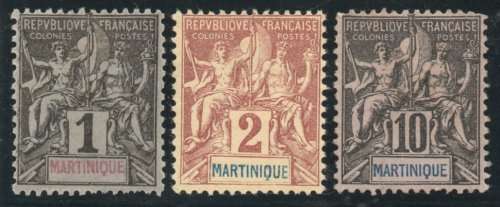 Martinique 1892 Definitive 1c, 2c and 10c mint no gum. SG 33, 34, 37. Cat £12 (2013)