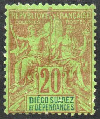 Diego Suarez 1892 Definitive 20c red on green mounted mint. SG 44. Cat £8,25 (2013)