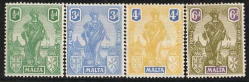 Malta 1922 Definitive ½d, 3d, 4d & 6d mounted mint. SG 124, 130a, 132 & 133. Cat £21 (2022)