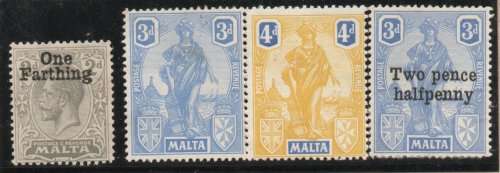 Malta 4 stamps mounted mint. SG 122, 130a, 132 & 142. Cat £13,60 (2022)