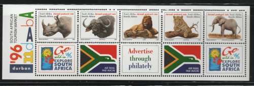 South Africa 1996 Big 5 Indaba sheetlet of 5 and advertising labels umm SACC 946. Cat R200 (2023-25)