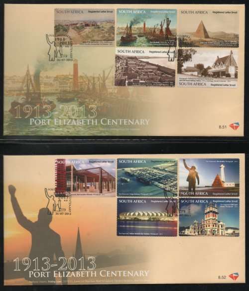 South Africa 2013 Port Elizabeth Centenary set of 10 on FDC 8.51 & 8.52. Cat R670 (2023-25)