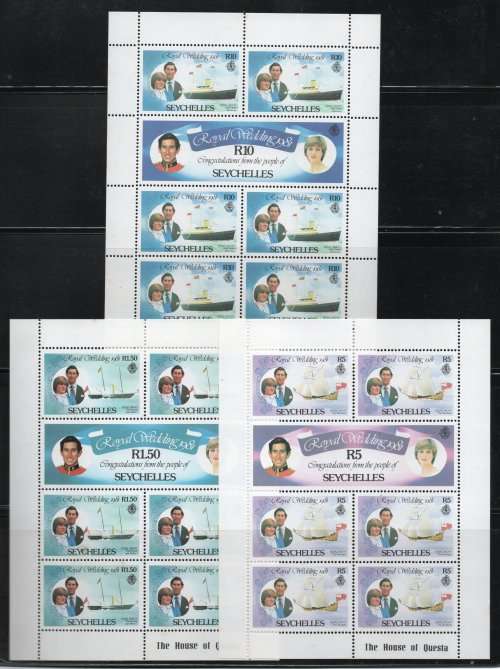 Seychelles 1981 Royal Wedding set of 6 on 3 sheets unmounted mint. SG 505-513. Cat £9,15 (2013)