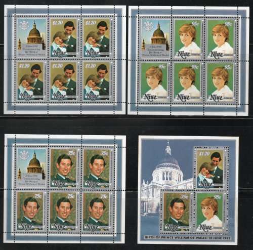 Niue 1981 Royal Wedding set of 3 in 3 sheetlets + Miniature Sheet umm. SG 430-433. Cat £5,40 (2013)