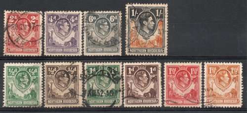Northern Rhodesia 1938-52 KGVI defin 10 stamps used. SACC 25-30, 32, 36, 38, 40. Cat R88 (2023-25)