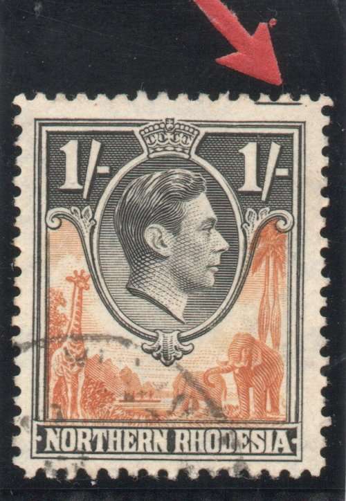 Northern Rhodesia 1938-52 KGVI 1/- very fine used with printers guide mark at top right. SG 40.