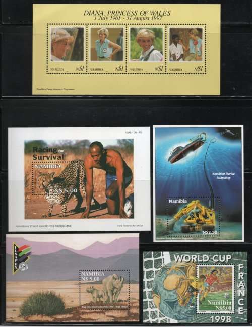 Namibia 1998 Miniature Sheets x 5 unmounted mint. SACC 245, 257, 262, 263, 281. Cat R400 (2023-25)