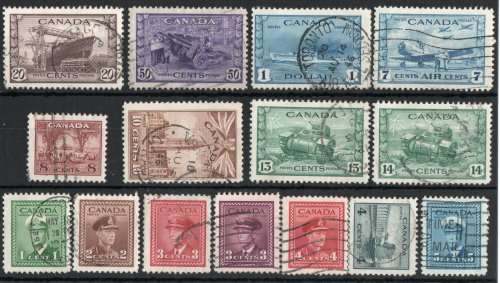 Canada 1942 War Effort set of 14 + 7c Air very fine used. SG 375-388, 400. Cat £38,50 (2022)