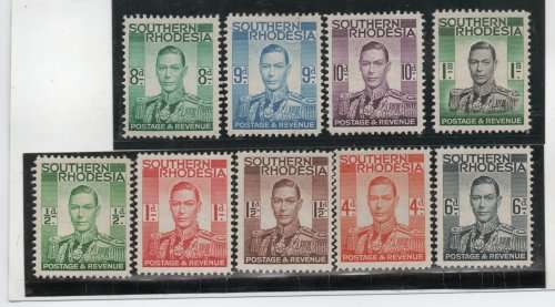 Southern Rhodesia 1937 KGVI Definitive part set of 9 lightly mounted. SACC 42-50. Cat R255 (2023-25)