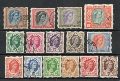 Rhodesia and Nyasaland 1954 QEII Definitive part set of 15 vfu. SACC 1-14. Cat R548 (2023-25)