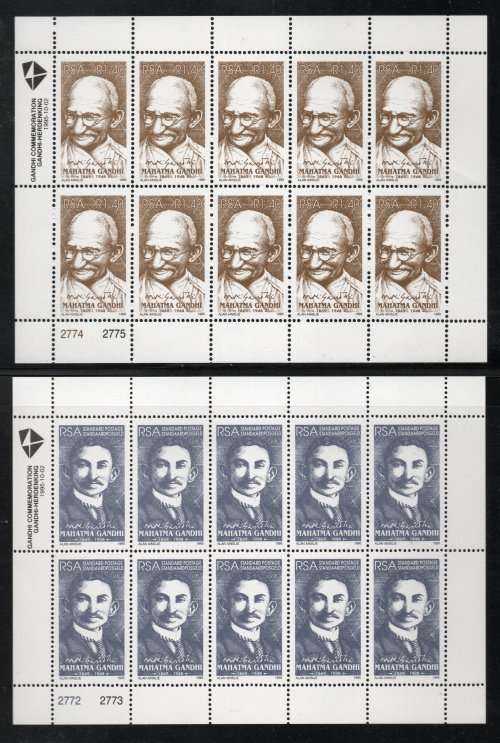 South Africa 1995 Mahatma Gandhi set of 2 in full sheets of 10 umm. SACC 916-17. Cat R280. (2023-25)