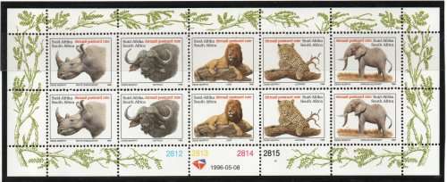 South Africa 1996 Big Five full sheet of 10 (2 sets) unmounted mint. SACC 941-5. Cat R400 (2023-25)