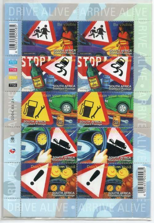 South Africa 2004 `Drive Alive` Full Sheet of 10 (2 sets) umm. SACC 1605-1609. Cat R260 (2023-25)