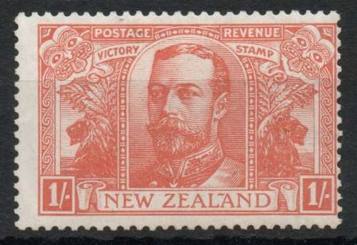 New Zealand 1920 Victory 1/- orange lightly mounted mint. SG 458. Cat £30. (2022)