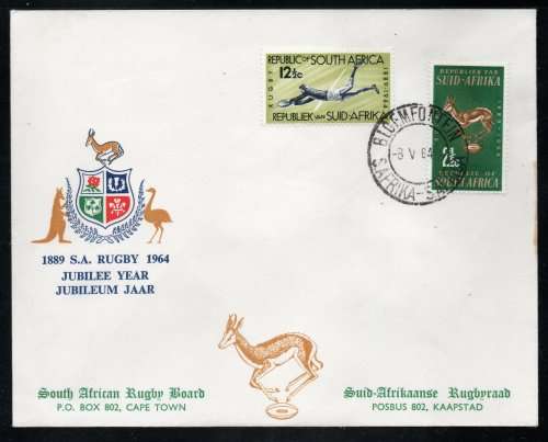 South Africa 1964 75th Anniversary of SA Rugby Board set of 2 on illustrated FDC. Cat R160 (2023-25)