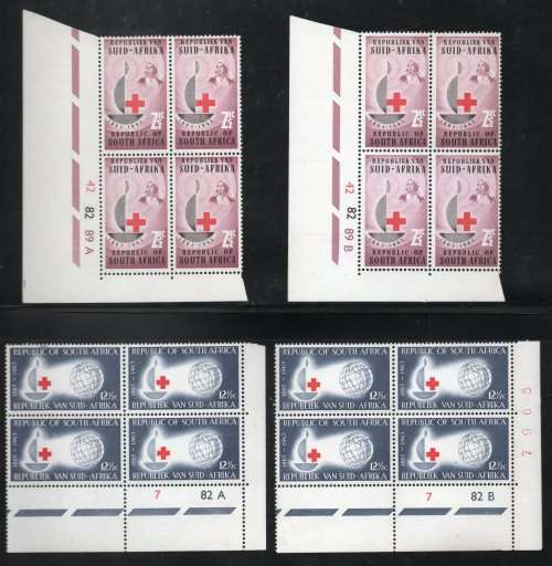 South Africa 1963 Red Cross Cent set of 2 in 4 control blocks mm. SACC 224-225. Cat R434. (2023-25)