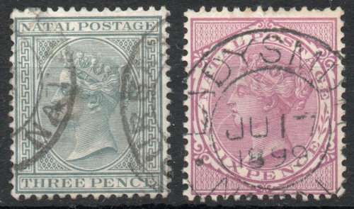 Natal 1882-89 QV 3d grey & 6d mauve fine used. SACC 97 & 99. Cat R170 (2023-25)
