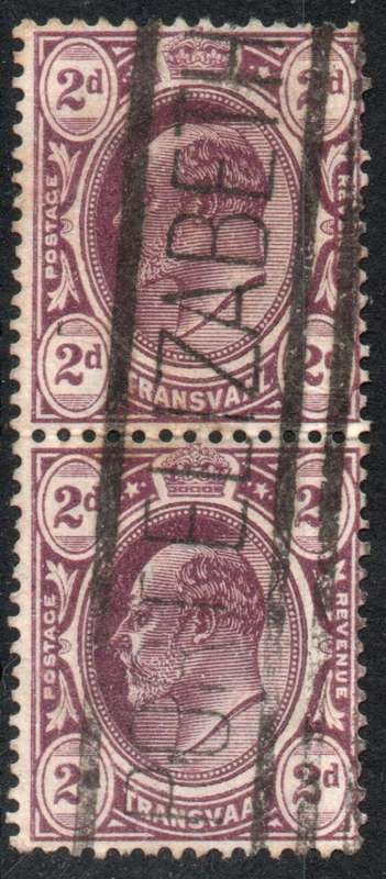 Transvaal 1904-09 KEVII Definitive 2d vert pair with interesting `PORT ELIZABETH` post mark SACC 268