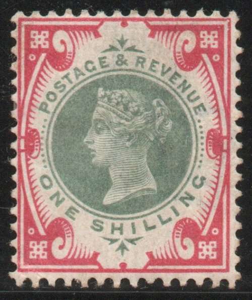 Great Britain 1887-92 QV `Jubilee` issue 1/- green & carmine mounted mint. SG 214. Cat £65 (2022)