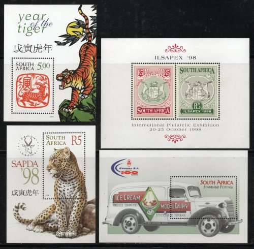 South Africa 1998 Miniature Sheets x 4 unmntd mint. SACC 1083, 1088, 1156, 1181. Cat R315 (2023-25)