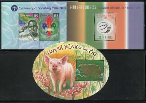 South Africa 2007 Miniature Sheets x 3 unmounted mint.  SACC 1829, 1830 & 1833. Cat R220 (2023-25)